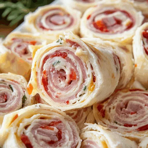 Stacked pinwheel pieces showcasing vibrant layers and creamy spread.