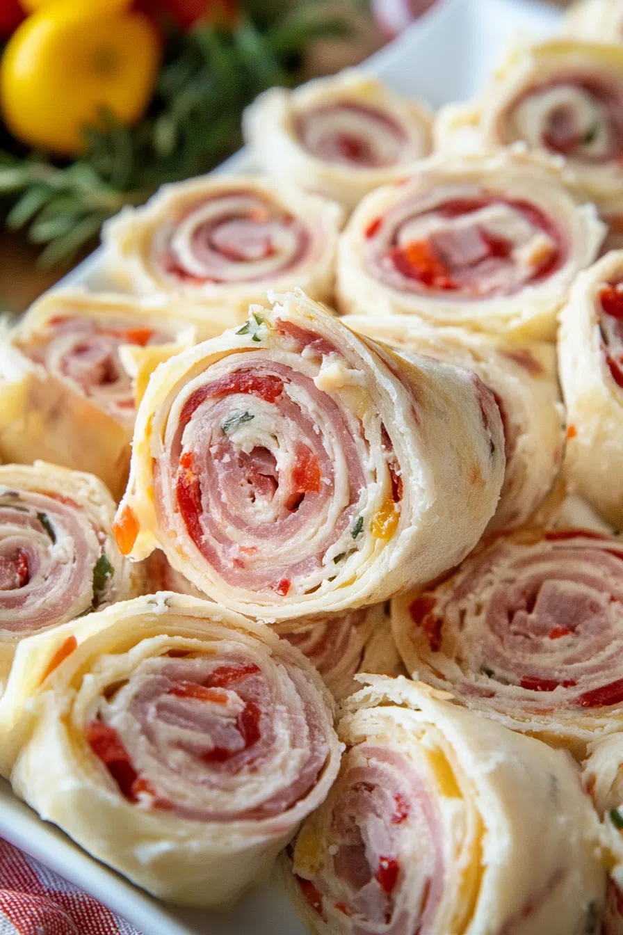 Stacked pinwheel pieces showcasing vibrant layers and creamy spread.