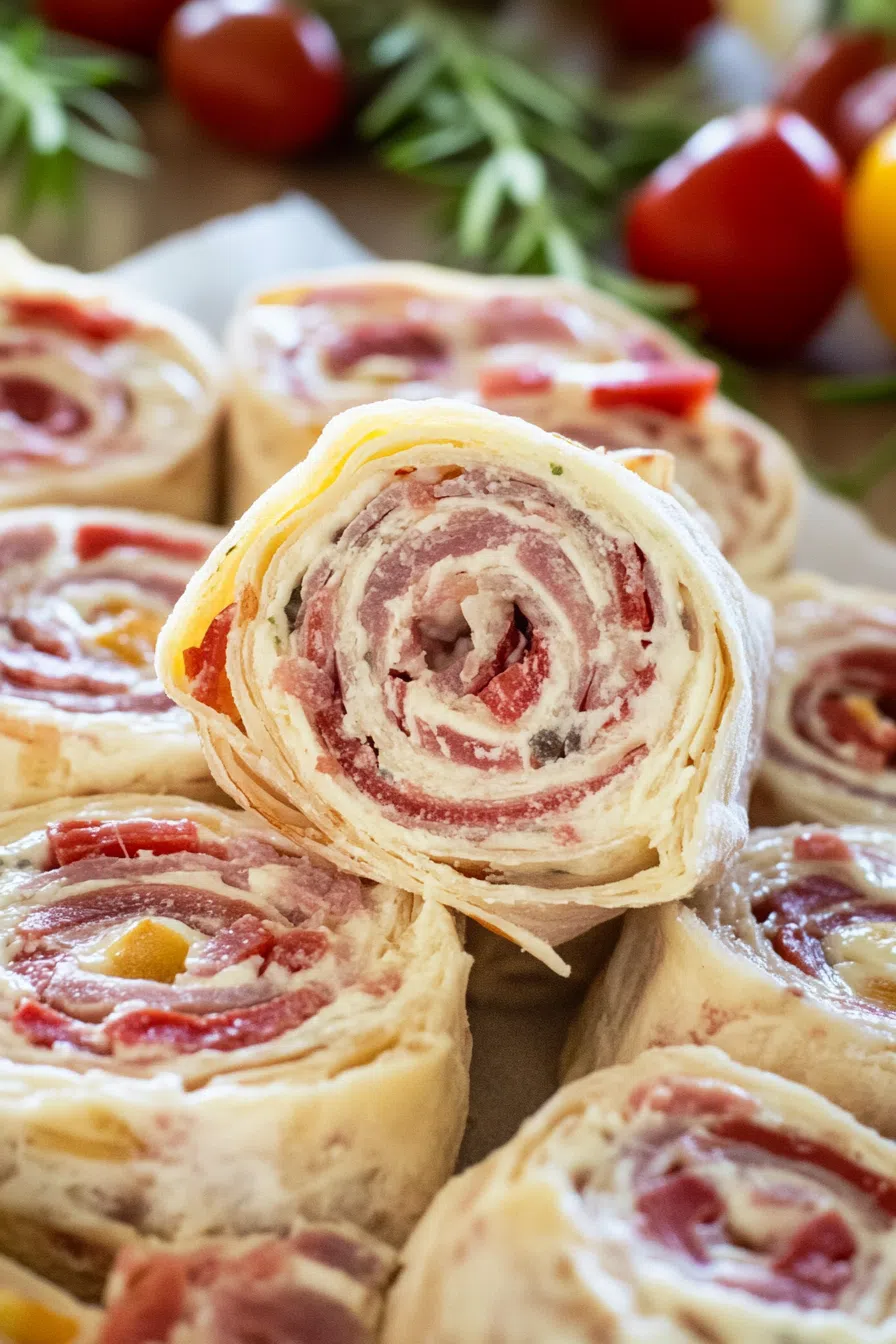 Golden, spiral-shaped slices filled with deli meats and herbs.