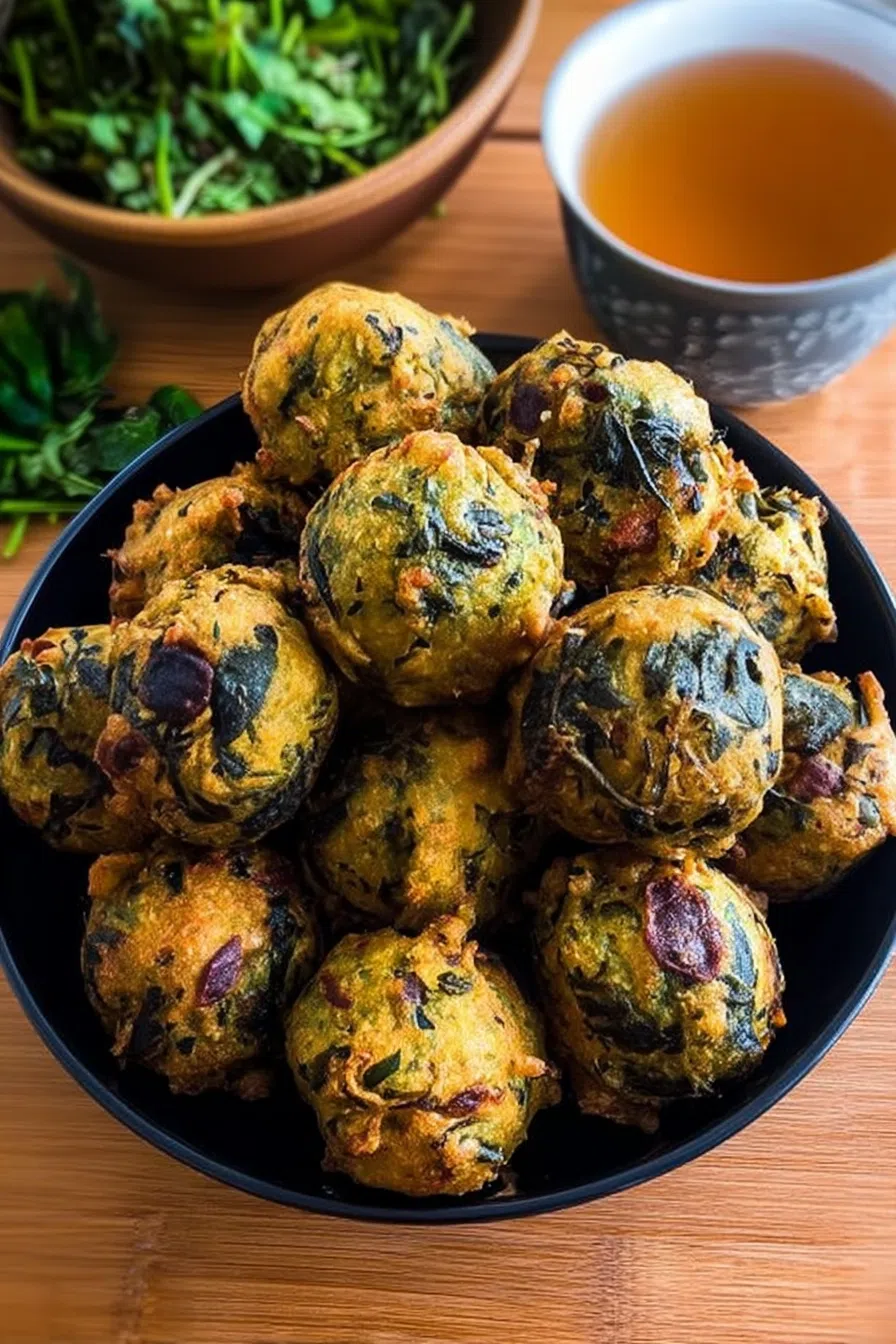 Fried dumplings with a textured crust arranged on a wooden board next to a spicy dip.