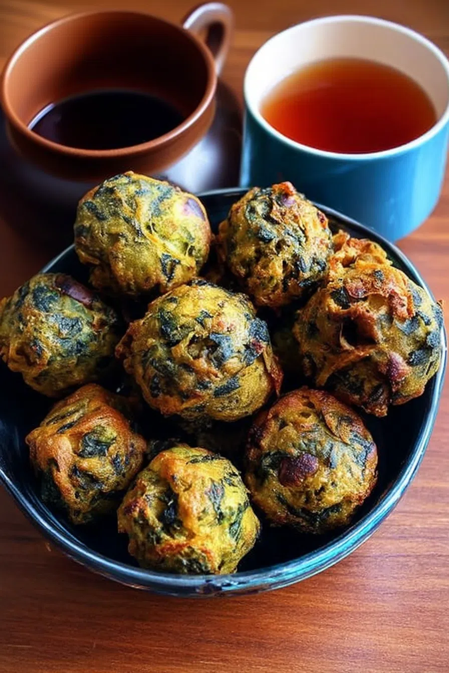 Golden fritters stacked in a bowl with a side of coconut chutney for dipping.