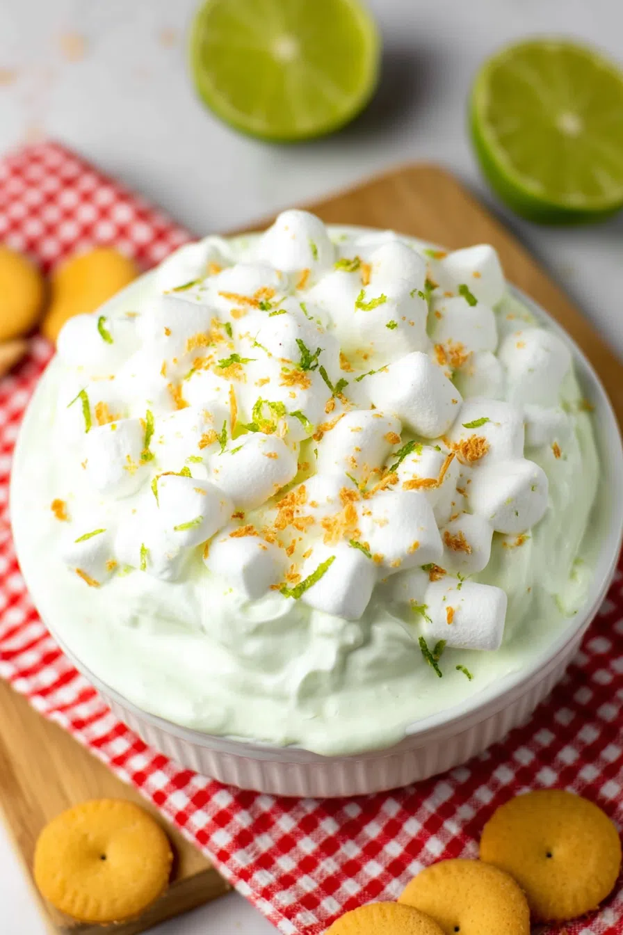 Light and airy fruit salad scooped into a small white ramekin.