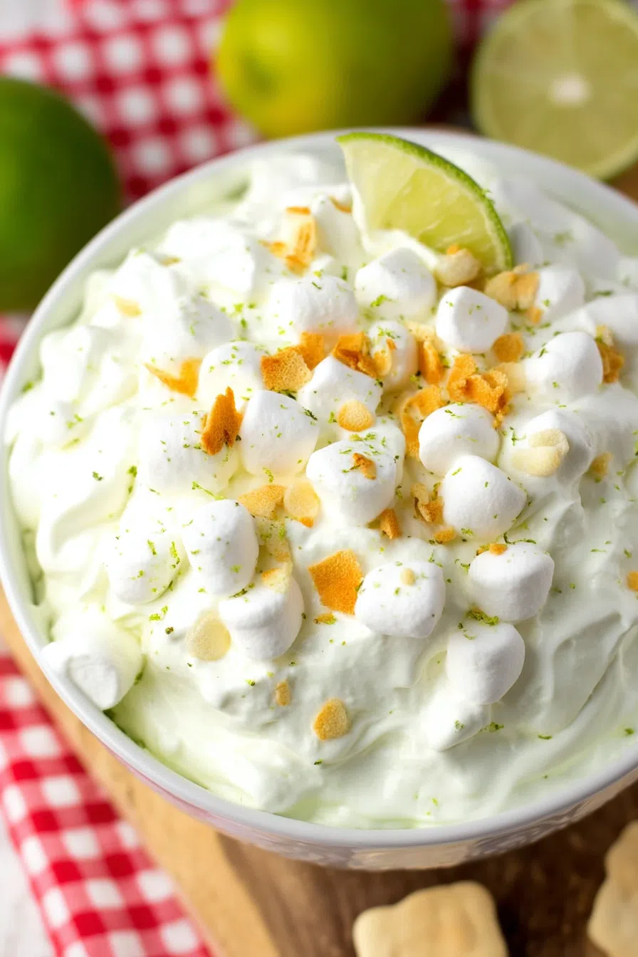 Close-up of a creamy, pastel green salad garnished with a lime wedge.