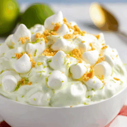 Chilled dessert mixture in a serving dish with whipped topping folded in.