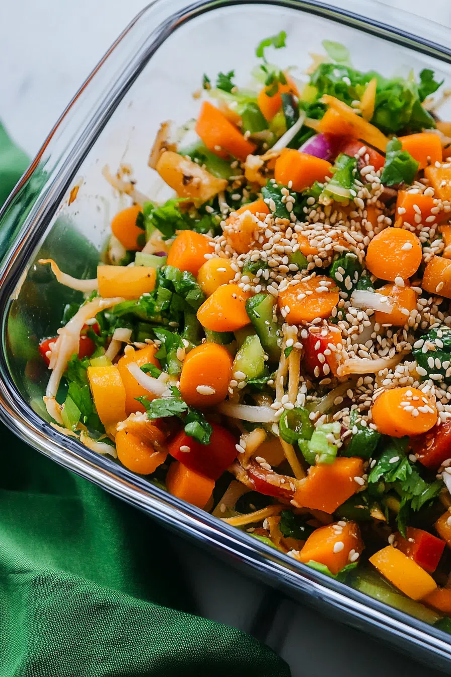 Close-up of crunchy cabbage, carrots, and noodles stacked with a sesame dressing drizzle.