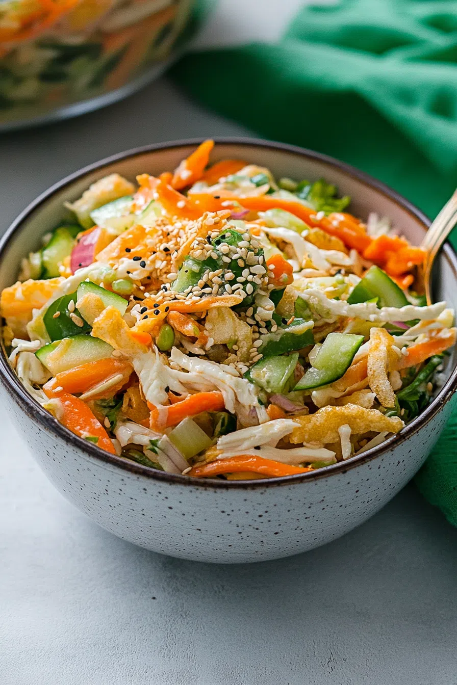 Side view of a multi-textured dish with visible layers of greens, cabbage, and toppings.