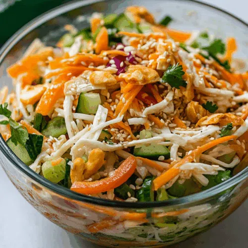 Vibrant salad served in a clear glass bowl showcasing colorful vegetable layers.