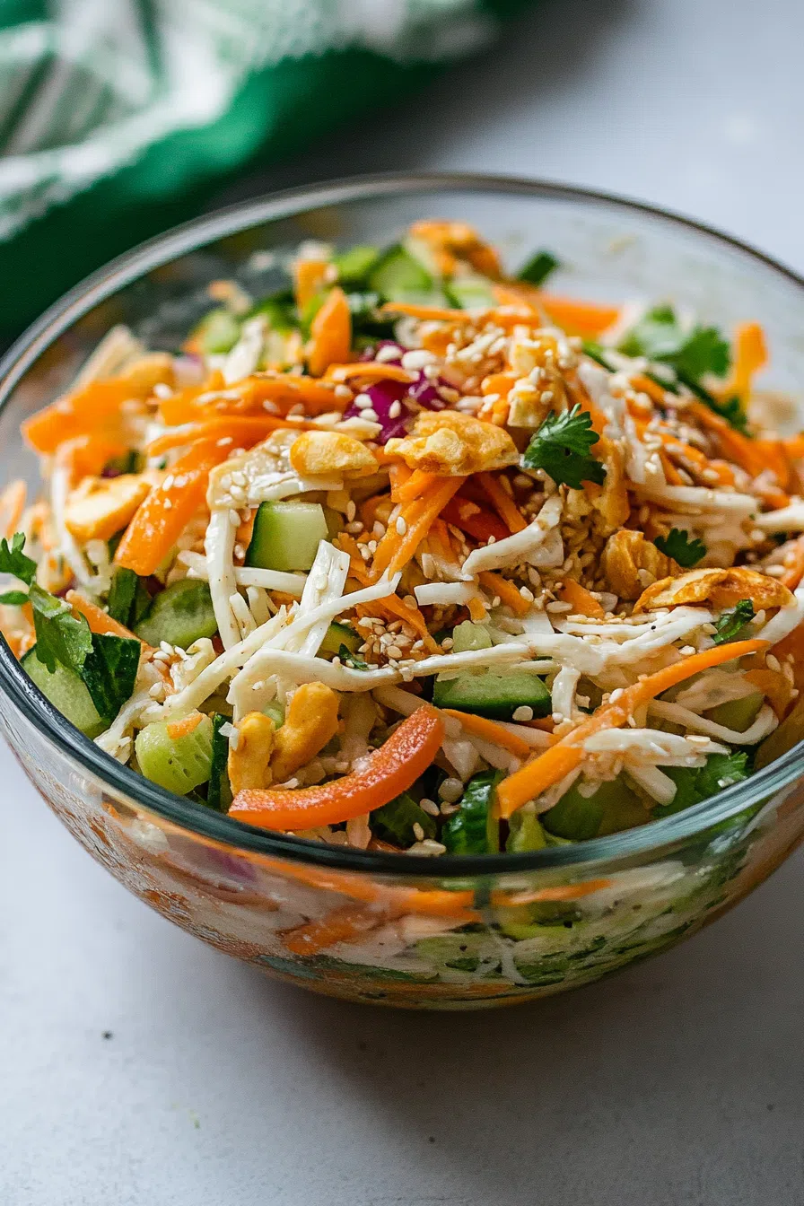 Vibrant salad served in a clear glass bowl showcasing colorful vegetable layers.