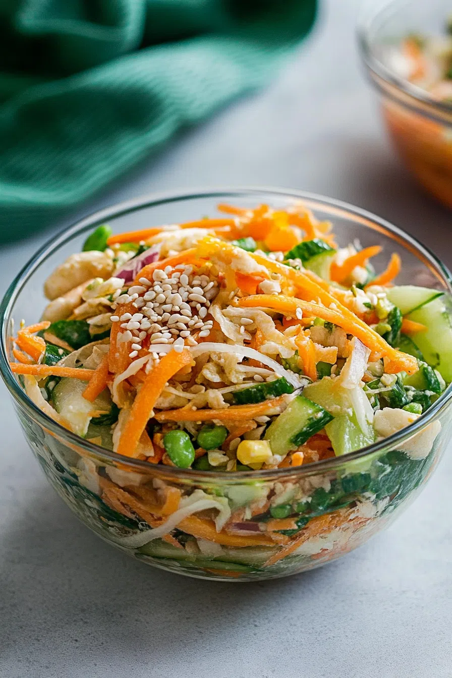 Side view of a chilled, multi-layered dish with crisp textures and toasted toppings.