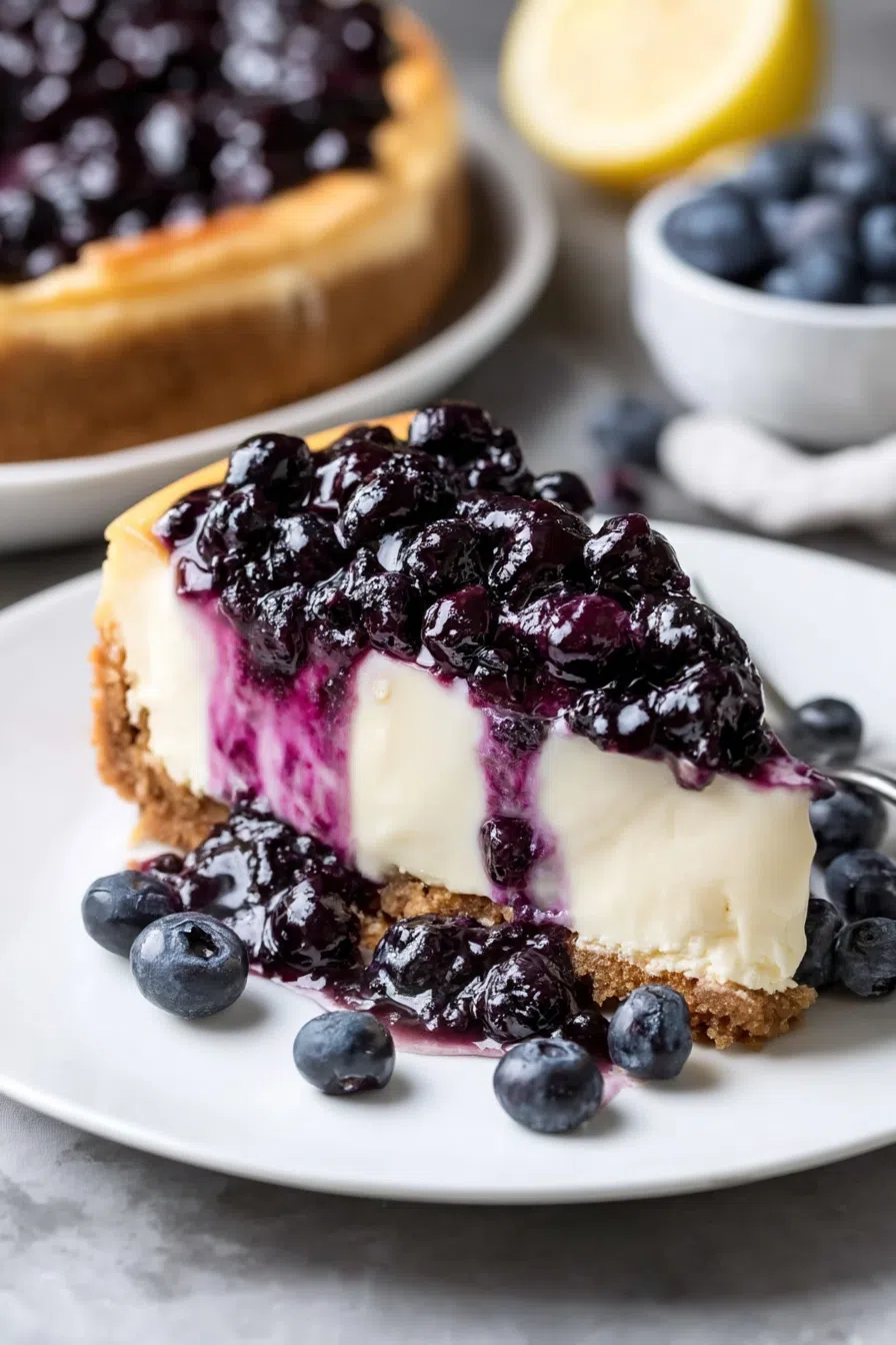 Dessert slice resting on a white plate with fresh fruit and a drizzle of sauce.