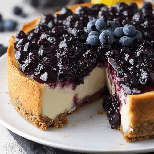 Whole cheesecake with swirls of yellow and purple, served on a white platter.