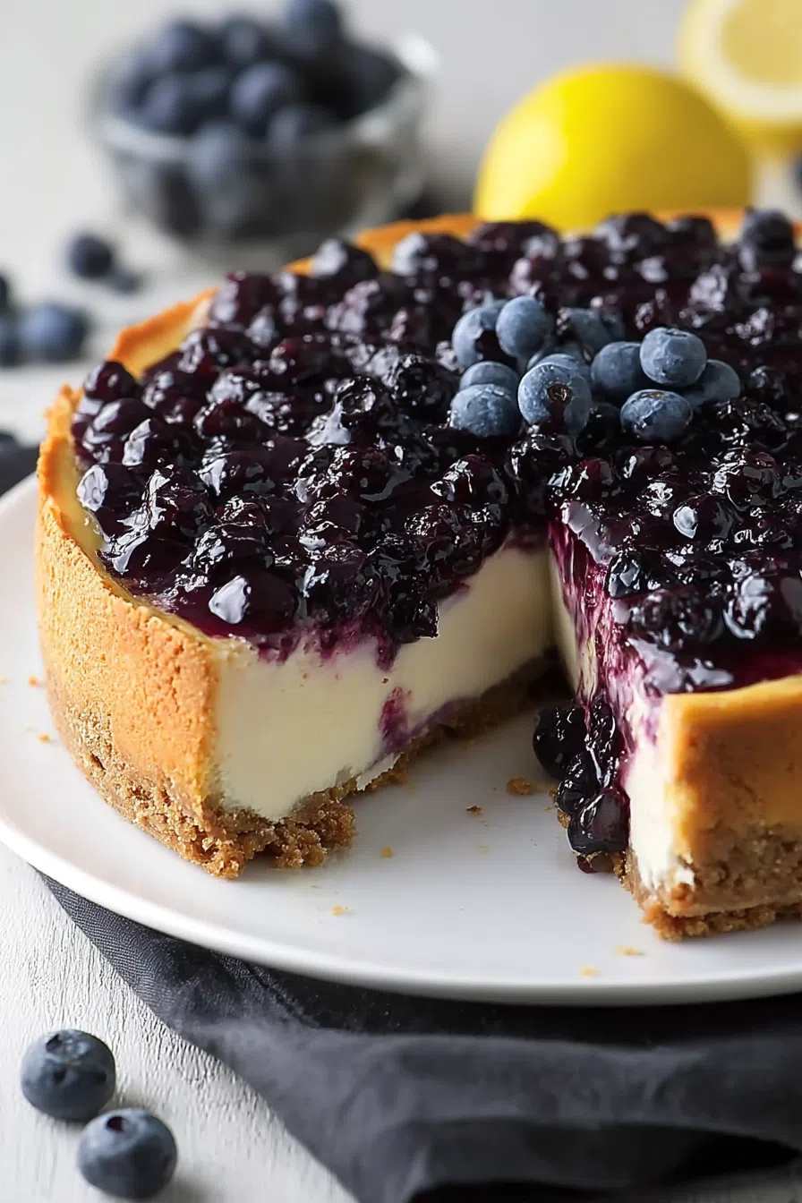 Whole cheesecake with swirls of yellow and purple, served on a white platter.
