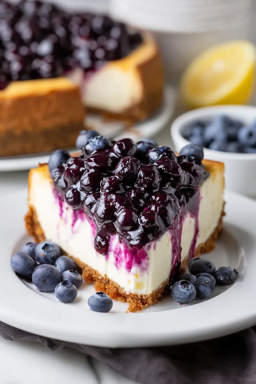 Close-up of a chilled slice revealing a smooth filling and fresh berry garnish.