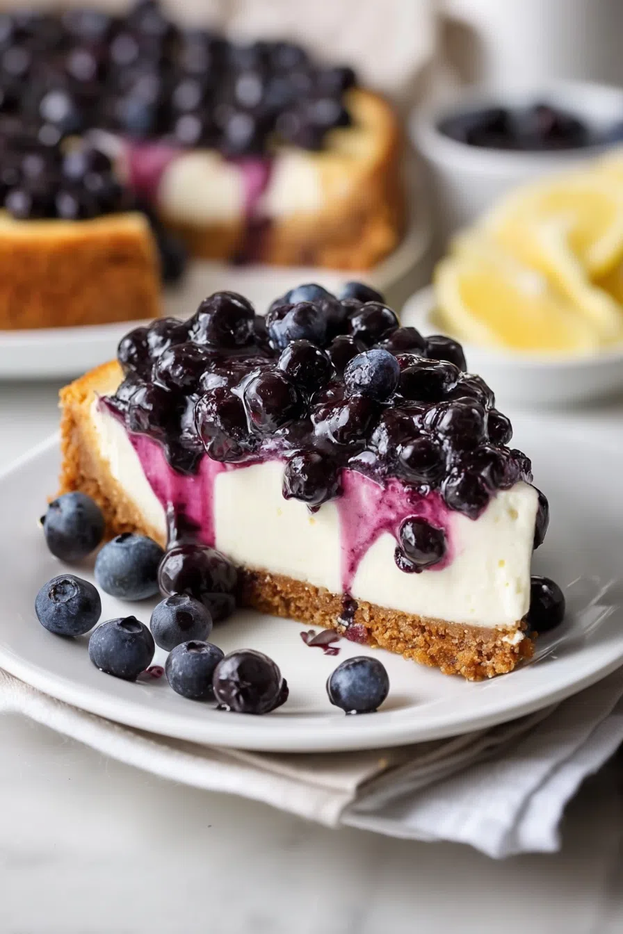 Slice of creamy dessert with a golden crust and vibrant fruit topping.