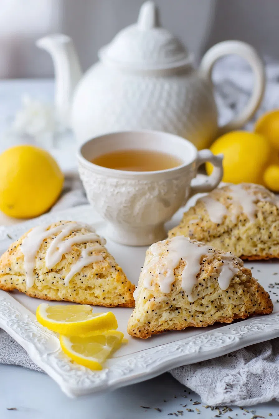 Overhead shot of baked goods served with a small dish of jam and a cup of tea.