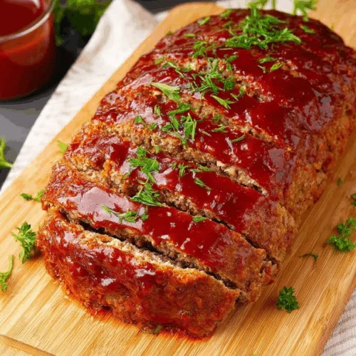Glazed loaf presented on a cutting board, ready to serve.