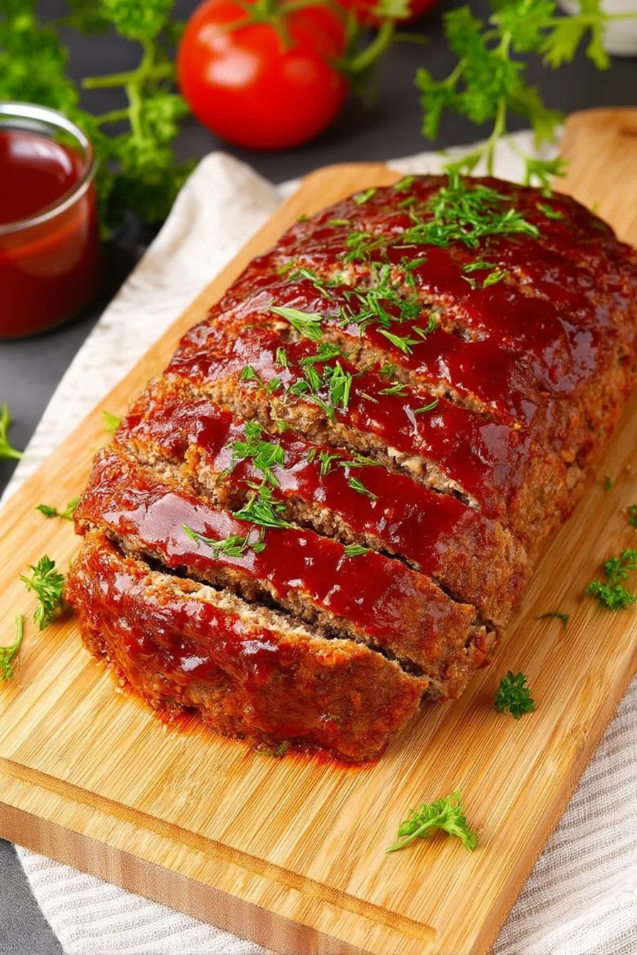 Glazed loaf presented on a cutting board, ready to serve.