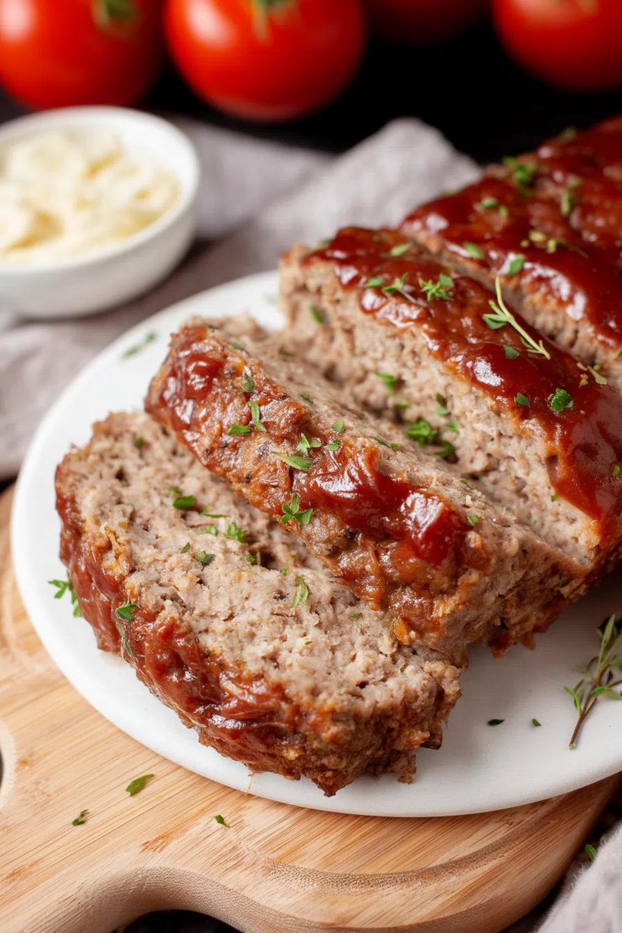 Overhead view of a hearty dinner plate with thick meat slices and gravy.