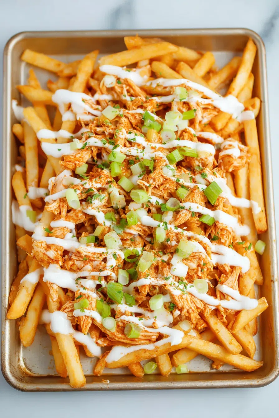 Overhead shot of golden fries smothered in melted cheese and drizzled dressing.