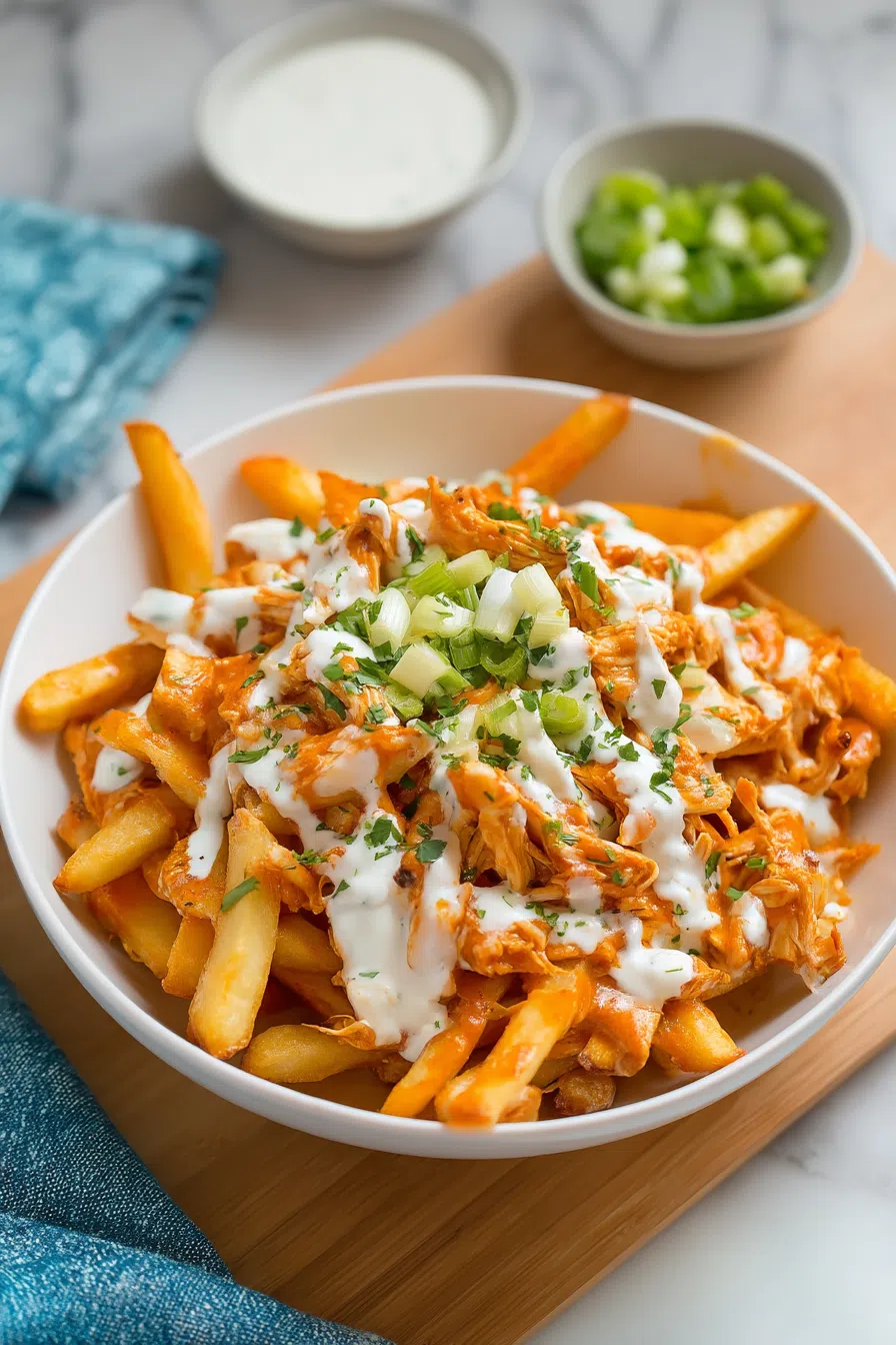 Crispy fries topped with creamy sauce and garnished with fresh herbs.