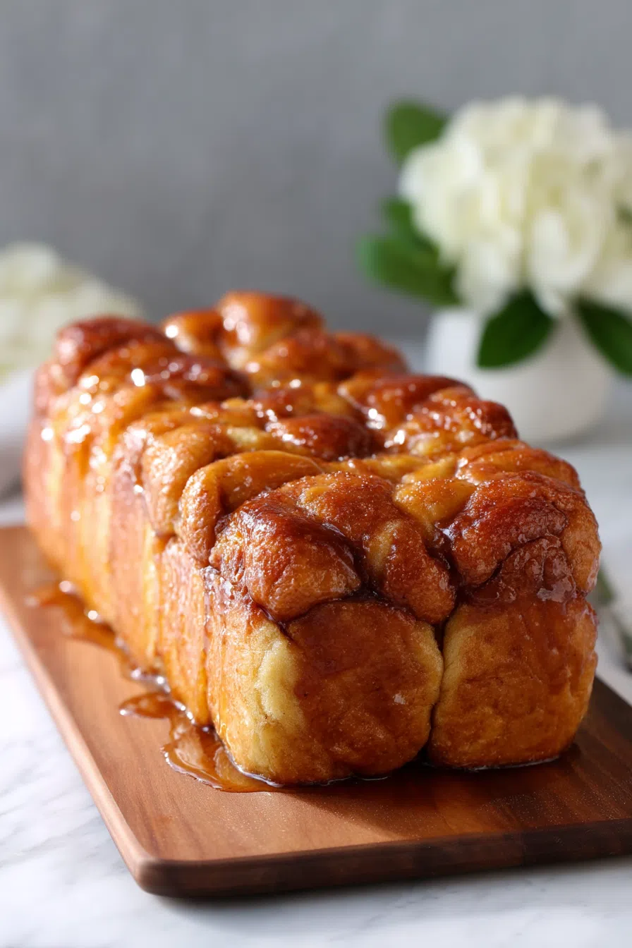 Side view of a soft, cinnamon-coated dessert loaf fresh out of the oven.