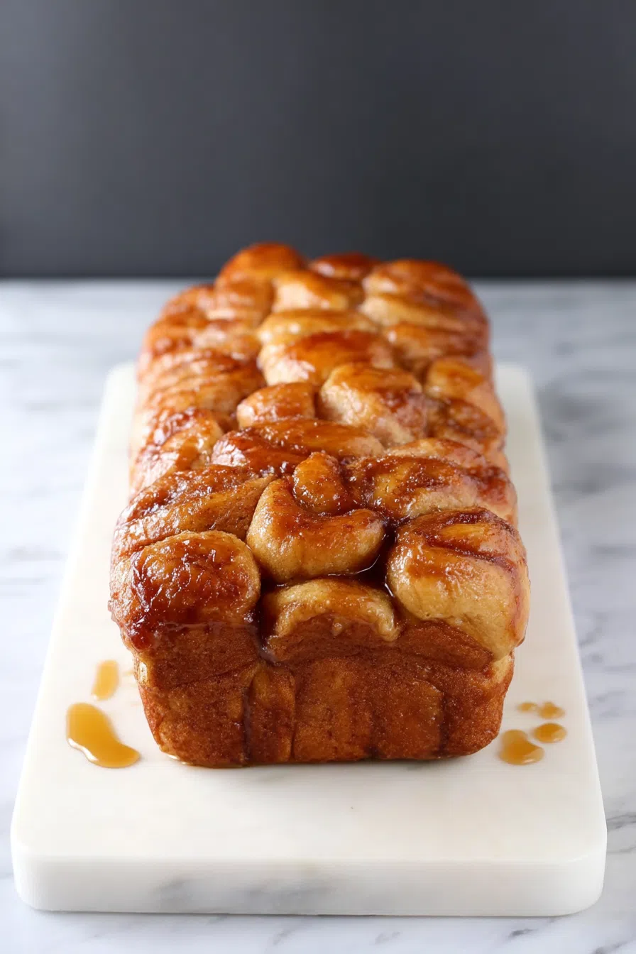 Glazed bite-sized dough balls nestled together in a sweet, baked loaf.