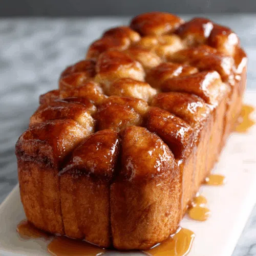 Close-up of a sticky pull-apart bread with caramelized edges in a loaf shape.