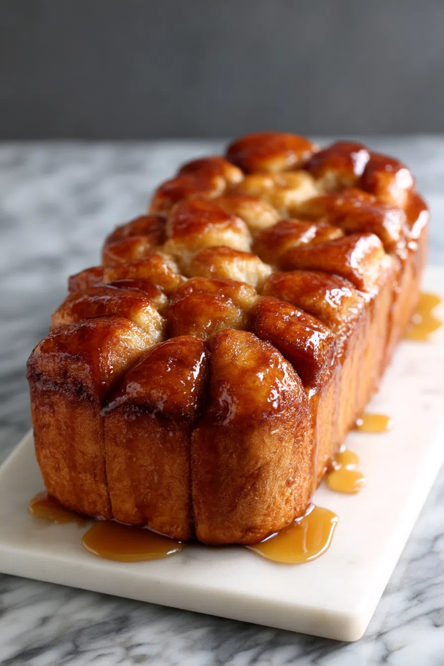 Close-up of a sticky pull-apart bread with caramelized edges in a loaf shape.