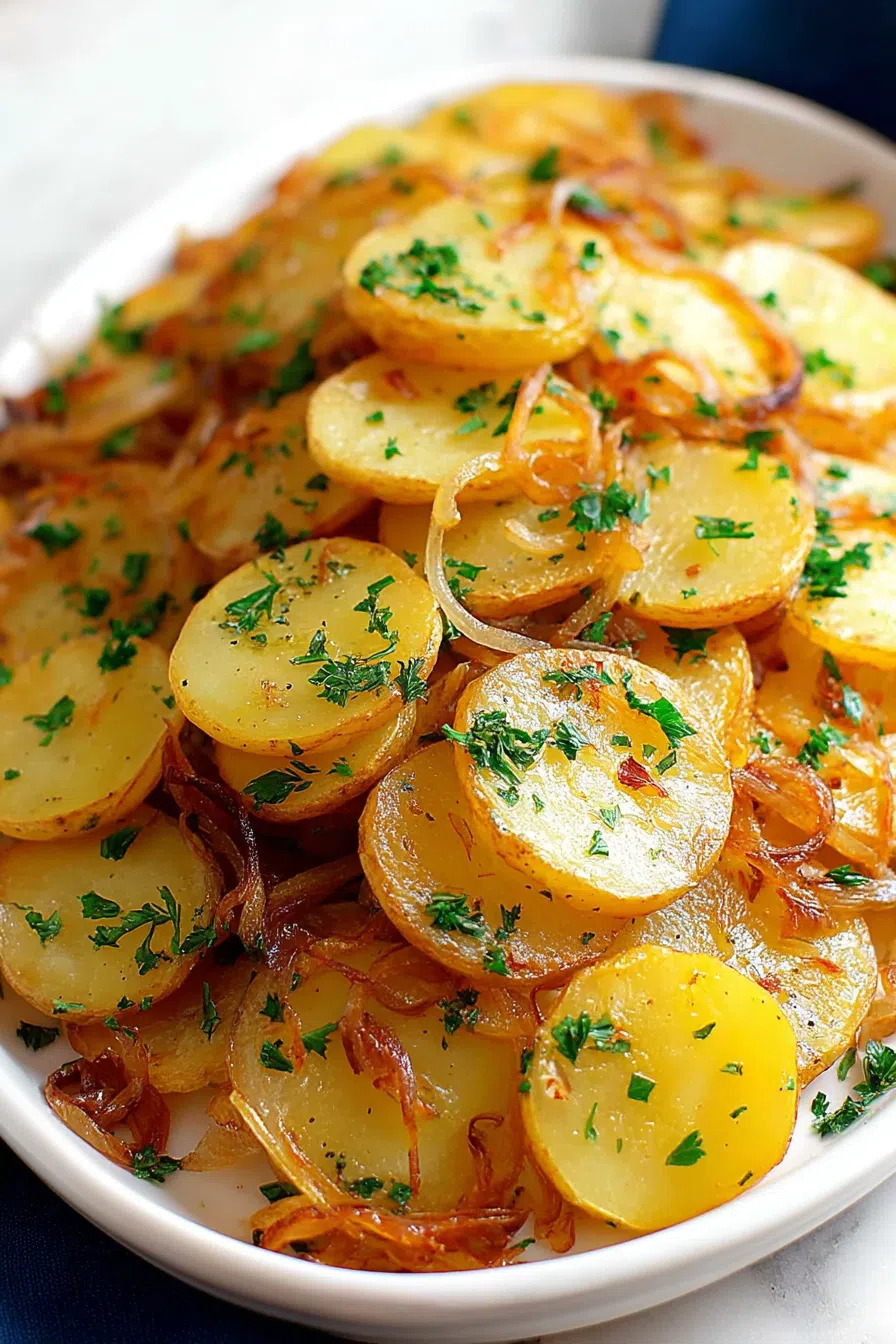 Savory cooked potato medley on a serving platter.