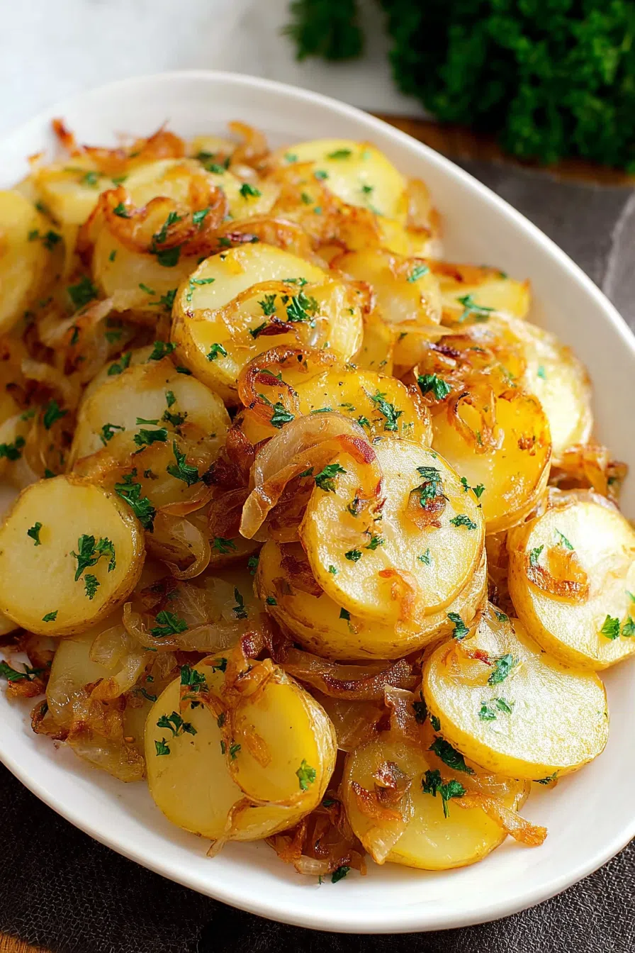 Overhead view of sliced potatoes browned on the edges.