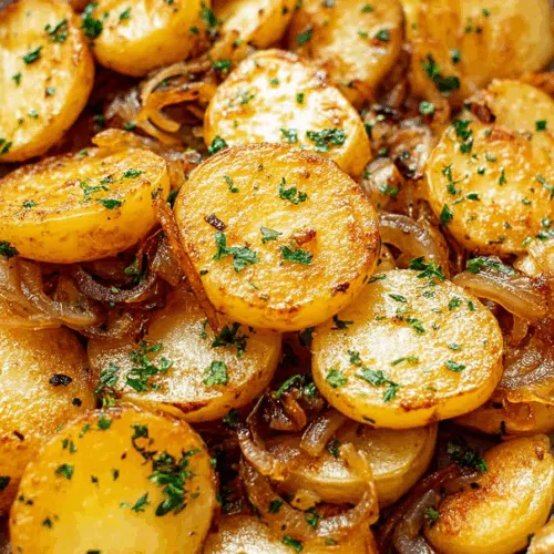 Rustic potato side dish served in a cast iron pan.