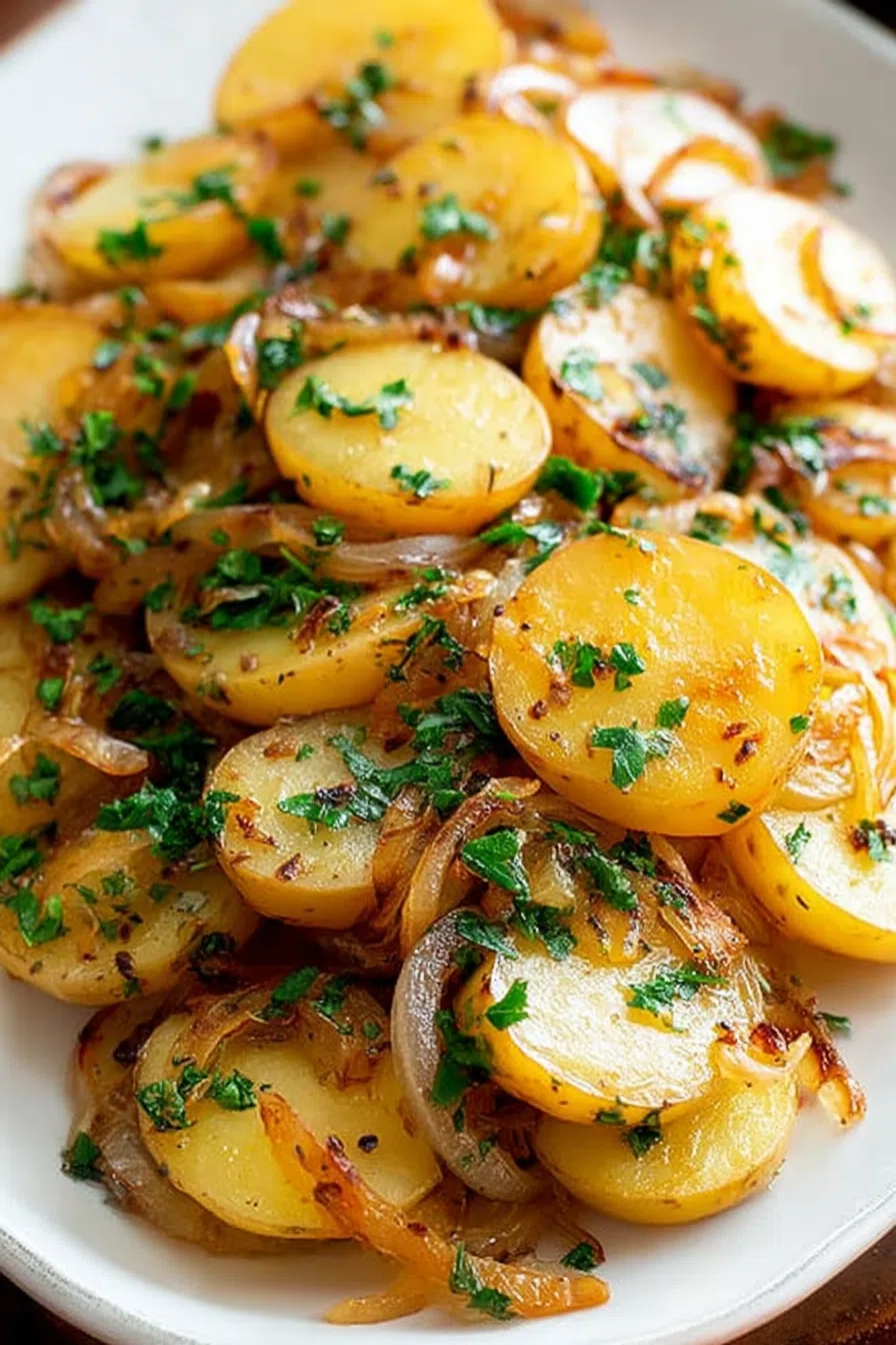 Crispy layered potatoes garnished with chopped herbs.