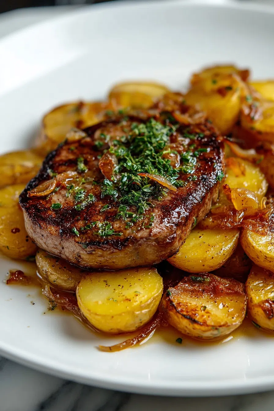 Golden-brown sliced potatoes arranged in a rustic serving dish.