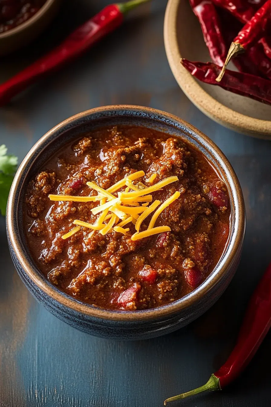 Steaming bowl of hearty stew topped with shredded cheese and fresh herbs.