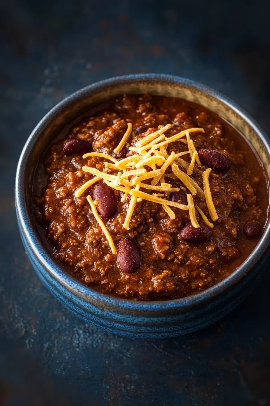Hearty bowl of stew with beans and ground meat, garnished with fresh herbs.
