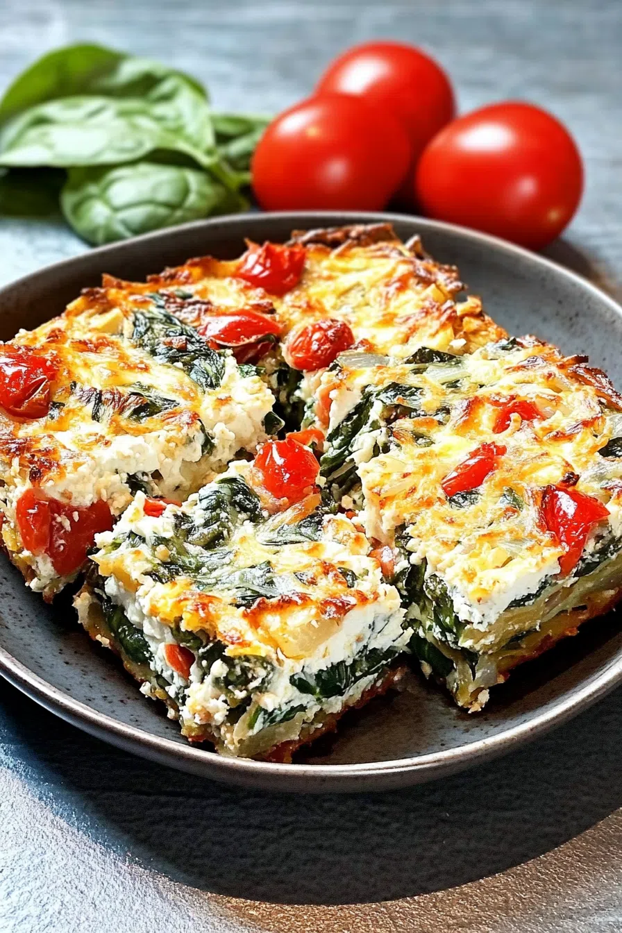 Square slice served on a white plate with a side of cherry tomatoes.