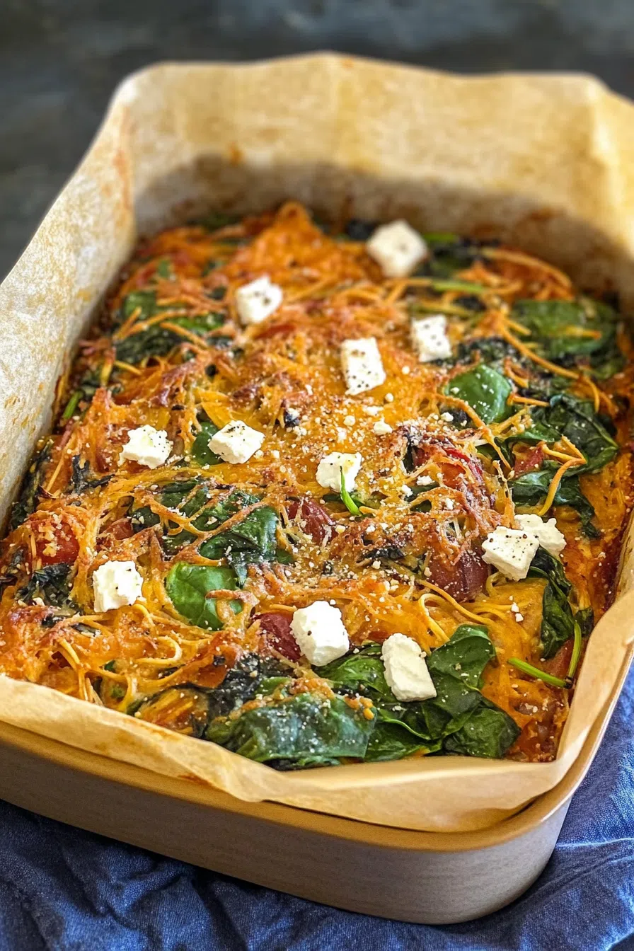 Overhead view of the full baked dish in a ceramic pan, fresh from the oven.
