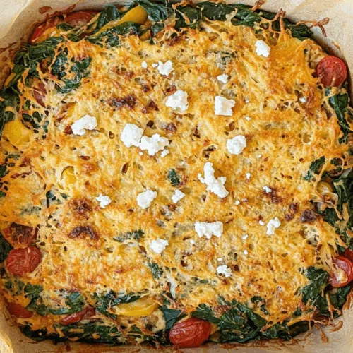 Baked casserole dish with golden, cheesy topping and vibrant green flecks.
