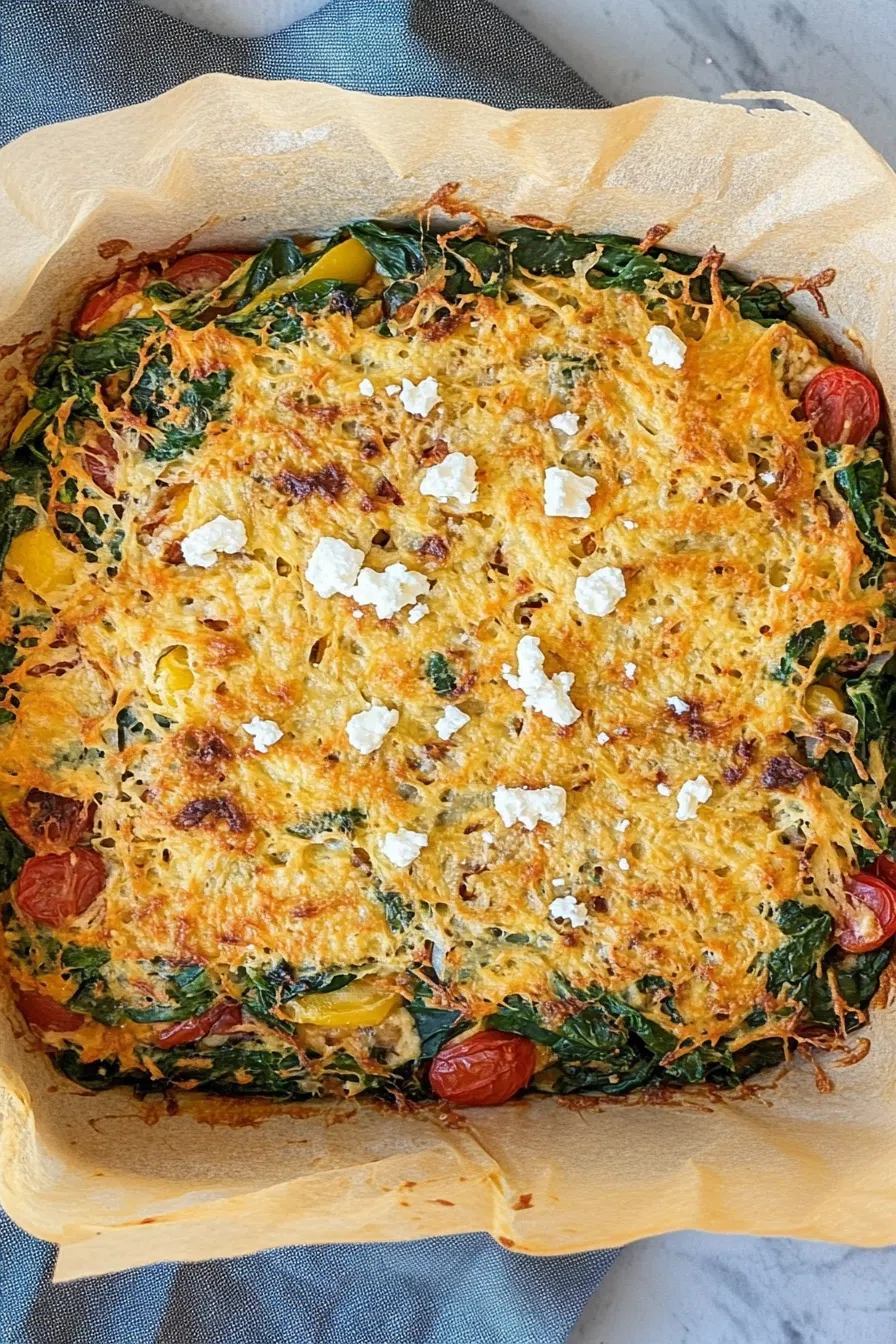 Baked casserole dish with golden, cheesy topping and vibrant green flecks.