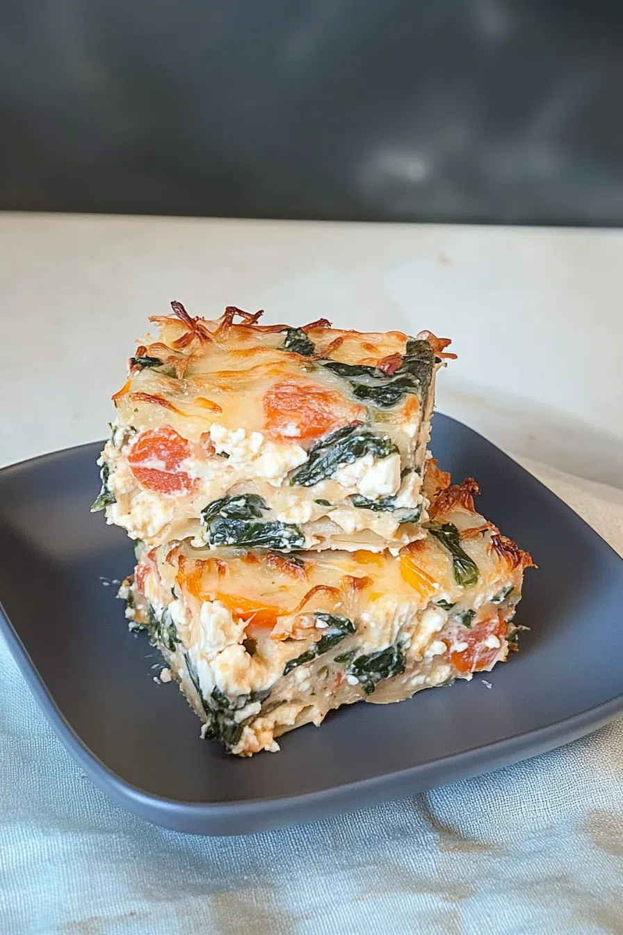Portion of casserole placed on a rustic plate with fresh herbs nearby.