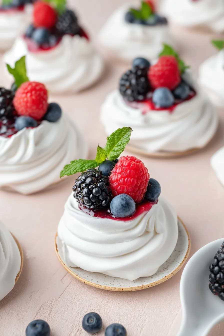 Elegant dessert rounds with piped cream and sliced fruit on a marble surface.