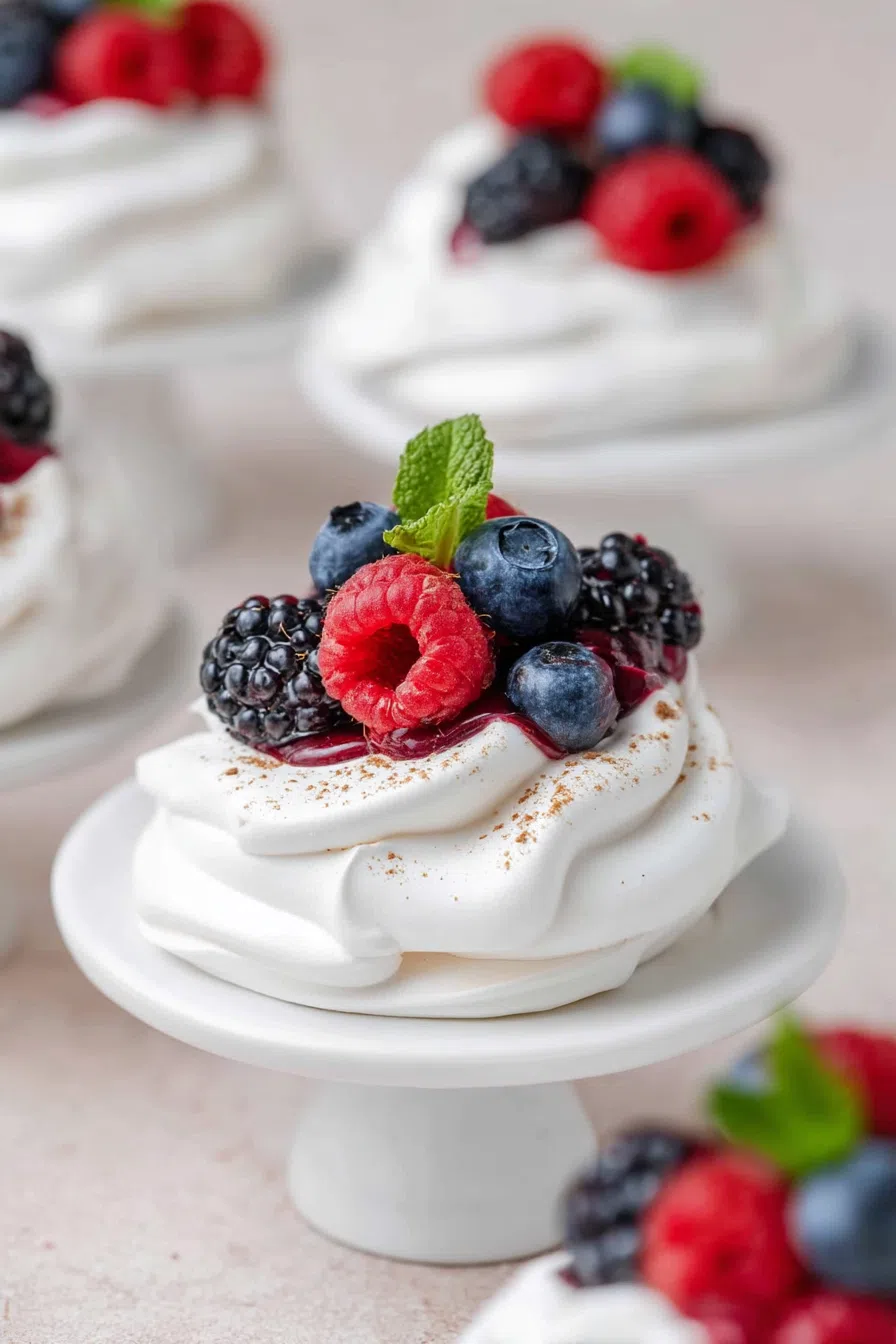 Close-up of airy, crisp confections with fruit layered on top.