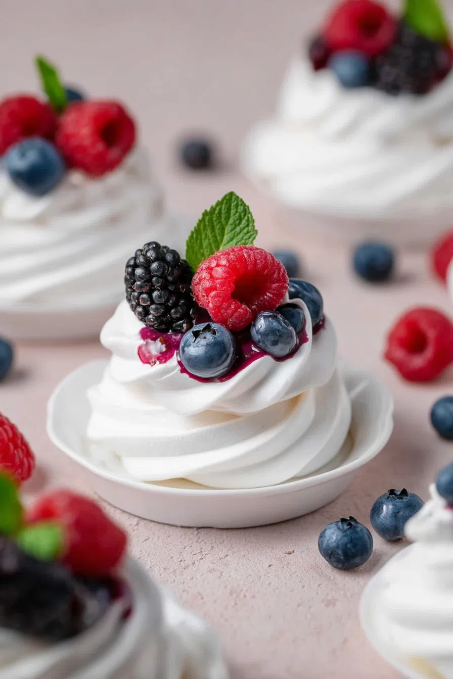 Overhead view of individual white meringues surrounded by scattered berries.
