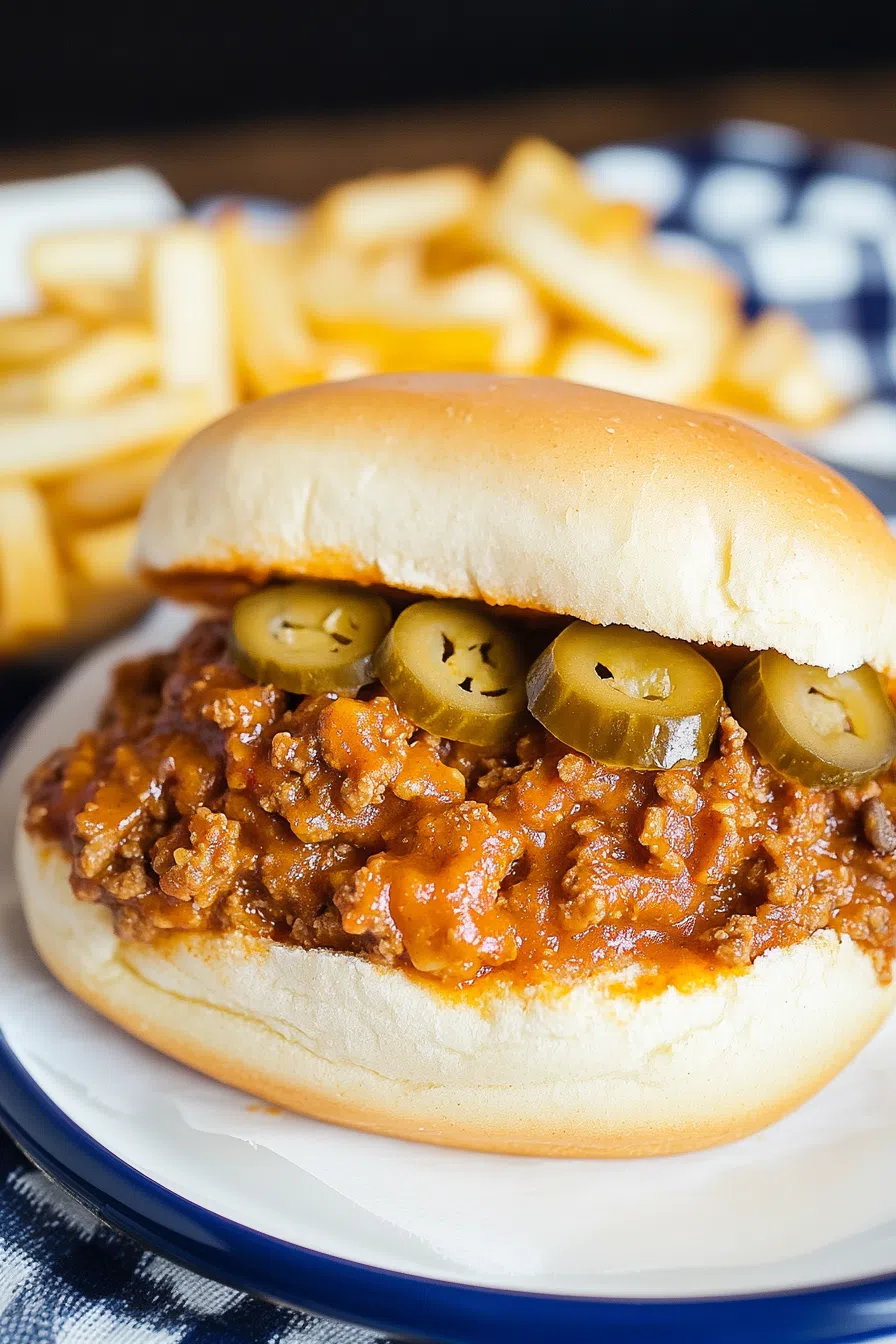 Close-up of a savory, hearty sandwich with a golden top bun slightly askew