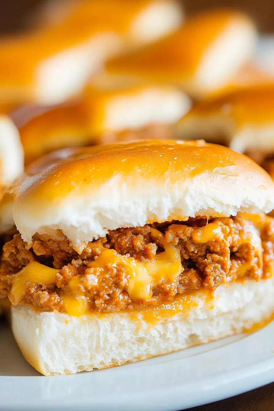 Toasted sandwich bun filled with a saucy ground meat mixture on a white plate