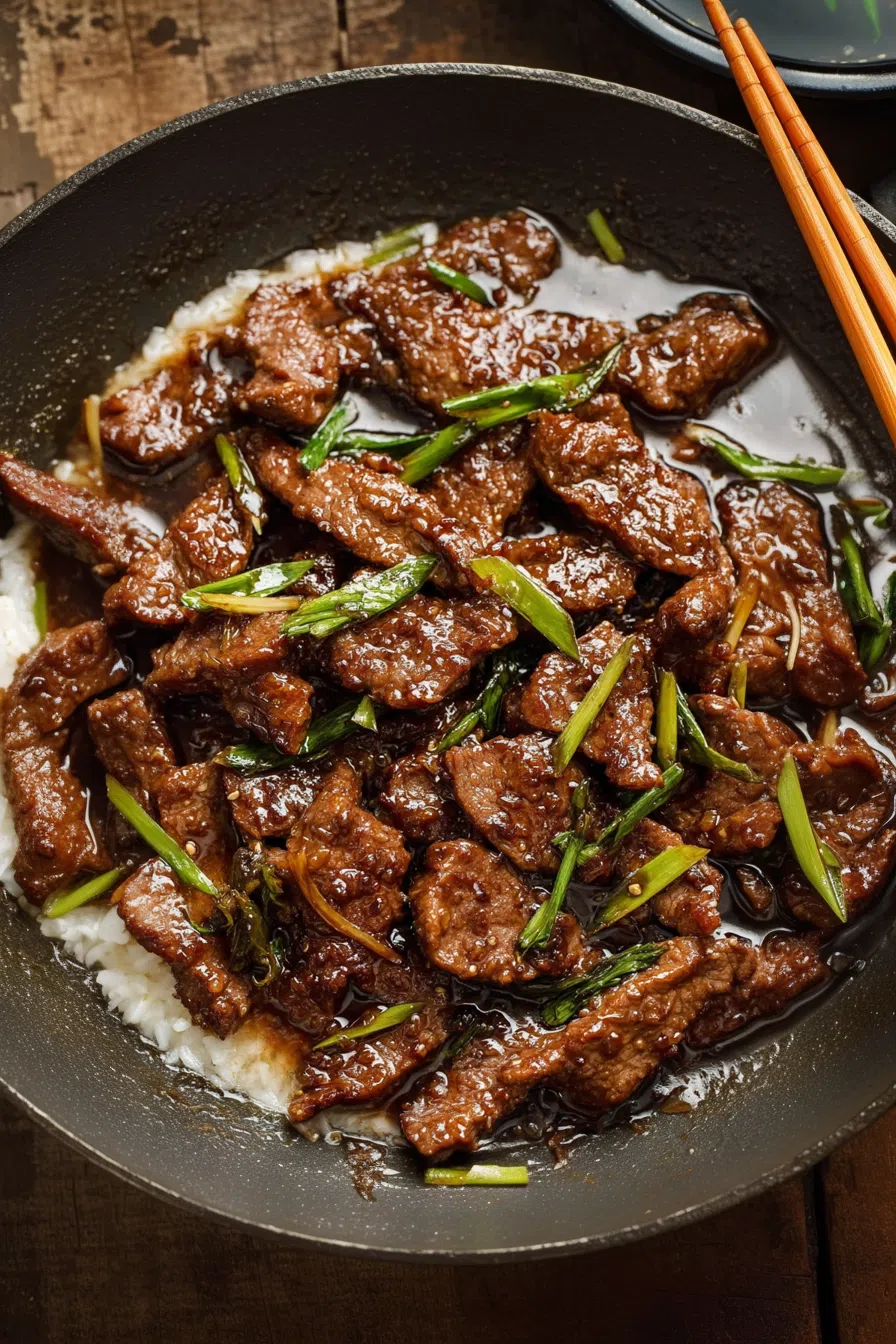 Overhead shot of a dark ceramic bowl filled with richly coated meat, paired with rice and fresh scallions.