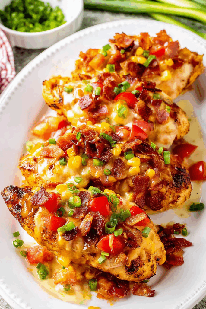 Melted cheese and crispy bacon layered over a juicy chicken breast on a white plate.