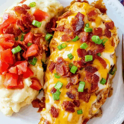 Close-up of a glazed chicken fillet topped with chopped scallions and drizzled sauce.
