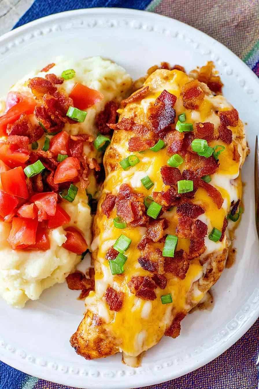 Close-up of a glazed chicken fillet topped with chopped scallions and drizzled sauce.