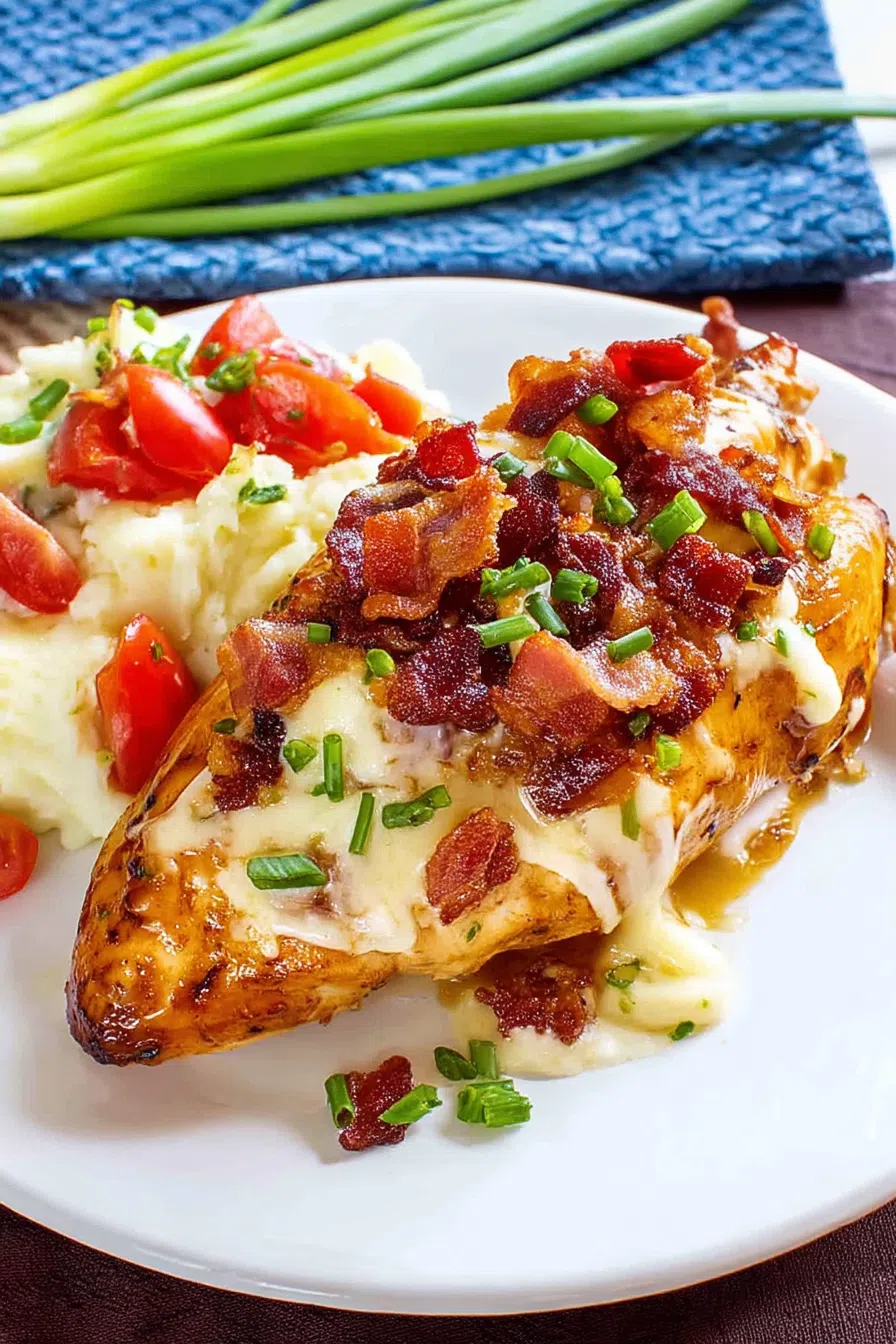 Dinner plate with a smoky, cheesy entrée served alongside a scoop of mashed potatoes.